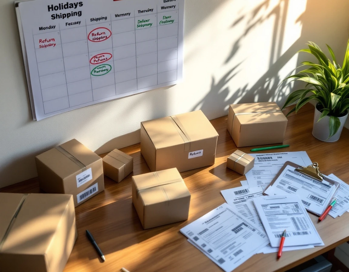 Desk with shipping boxes, return labels, and calendar showing delivery deadline tracking during holiday season