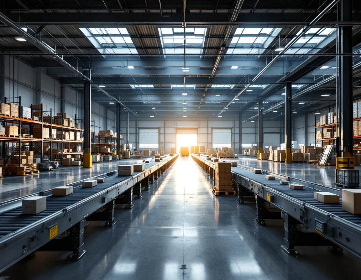 Modern warehouse interior showing converging operational zones with conveyor systems, inventory racks, and loading areas