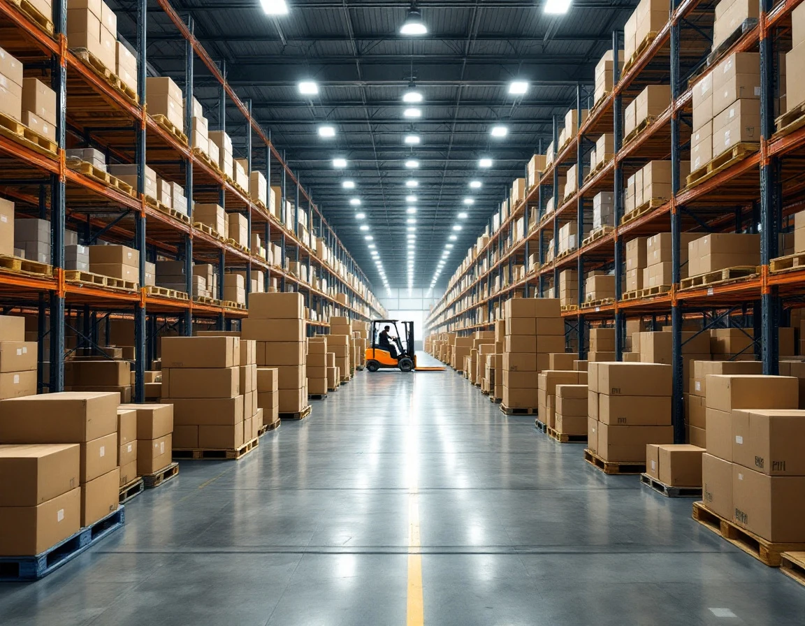 Warehouse interior with pallet racks and forklift showing integrated supply chain operations