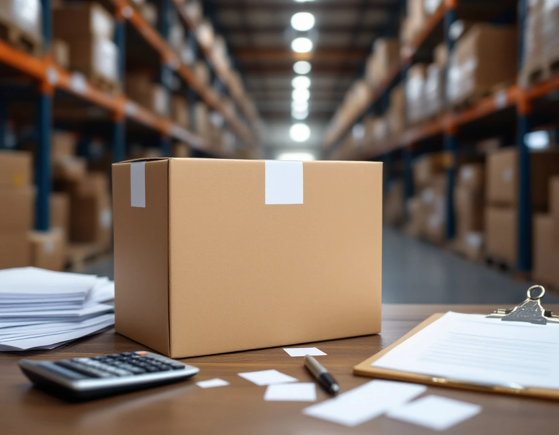 Warehouse desk with cardboard box, calculator, and audit tools in logistics facility