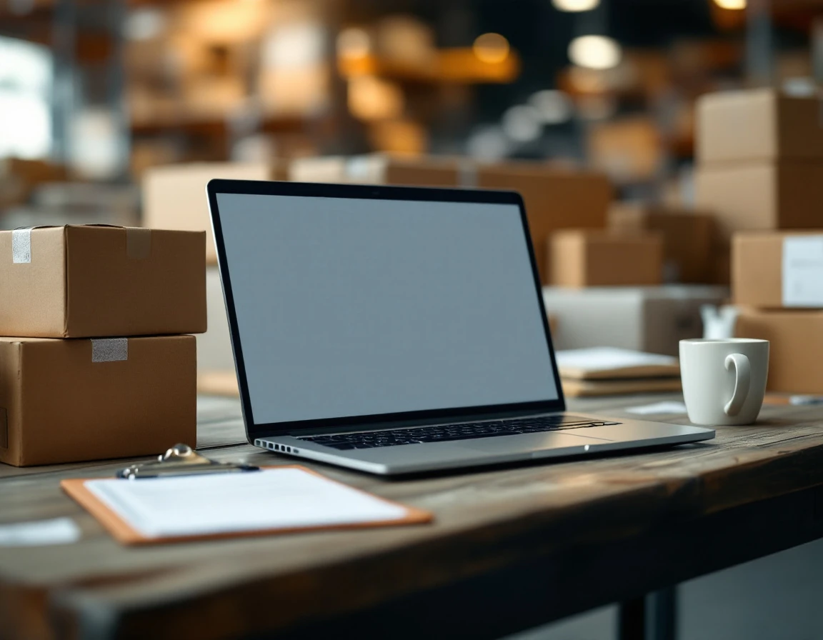 Warehouse desk with laptop and shipping materials in natural industrial lighting
