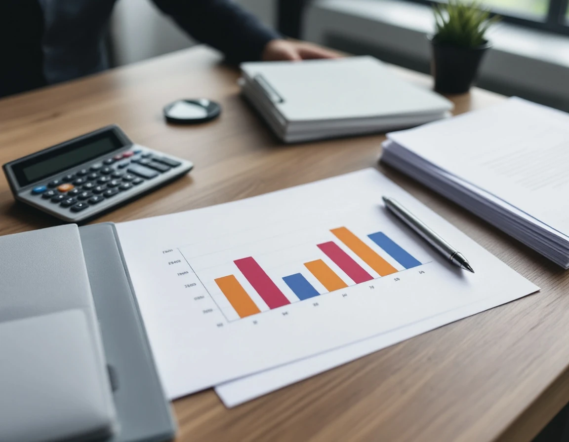 Professional desk workspace with calculator, blank forms, and charts for shipping invoice audit review