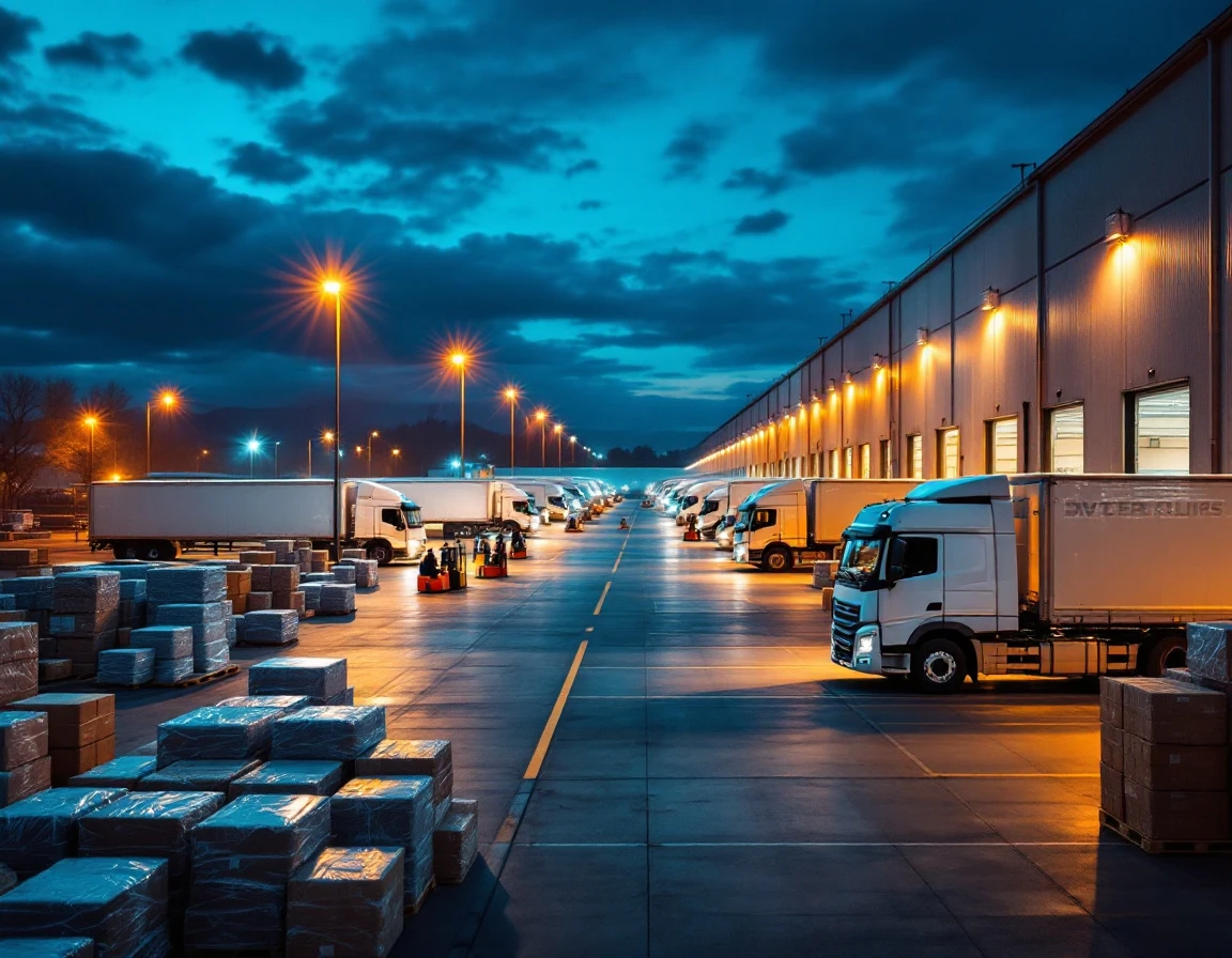 Loading dock operations at twilight showing unmarked trucks and cargo movement at distribution facility