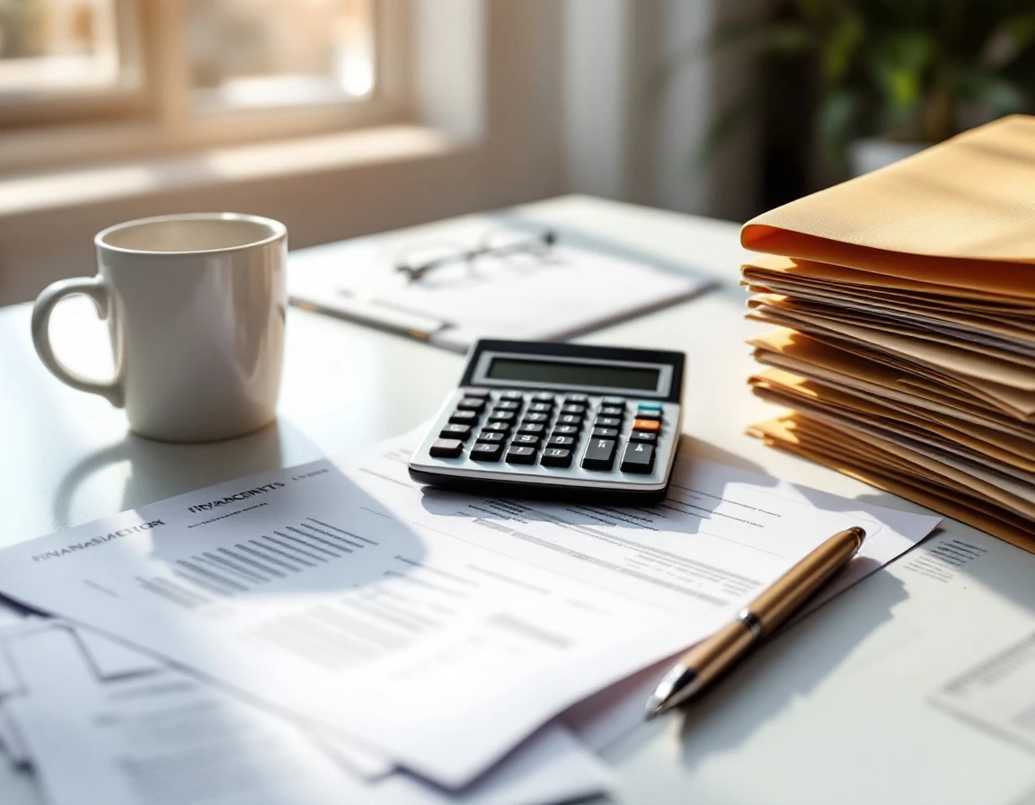 Office desk with calculator, blank spreadsheets, folders, and coffee mug for financial forecasting work