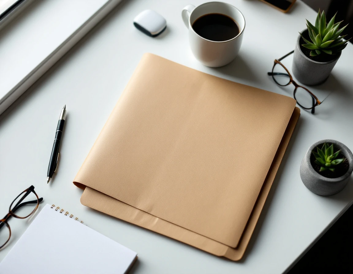 Overhead view of organized business desk with closed folder, pen, coffee mug, and glasses