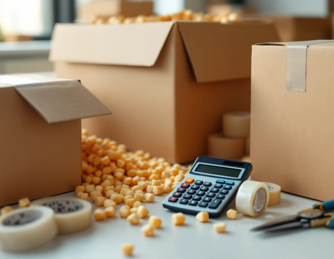 Shipping materials and calculator on warehouse workspace showing daily logistics operations