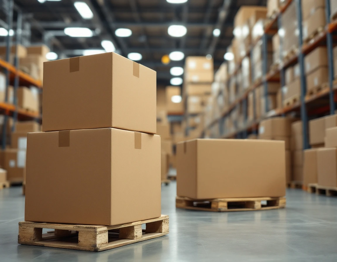 Stacked unlabeled cardboard boxes on pallets in warehouse during peak season inventory preparation