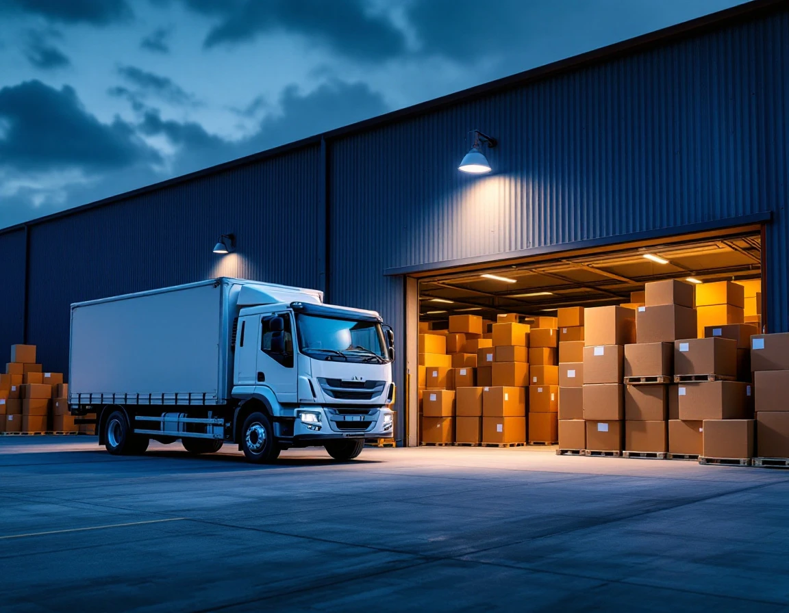 Warehouse loading dock at dusk with delivery truck and cardboard boxes during peak shipping season