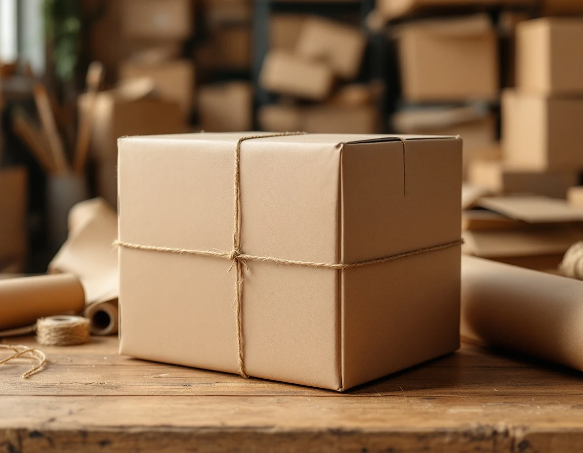 Cardboard shipping box wrapped with twine on wooden workspace with packaging supplies