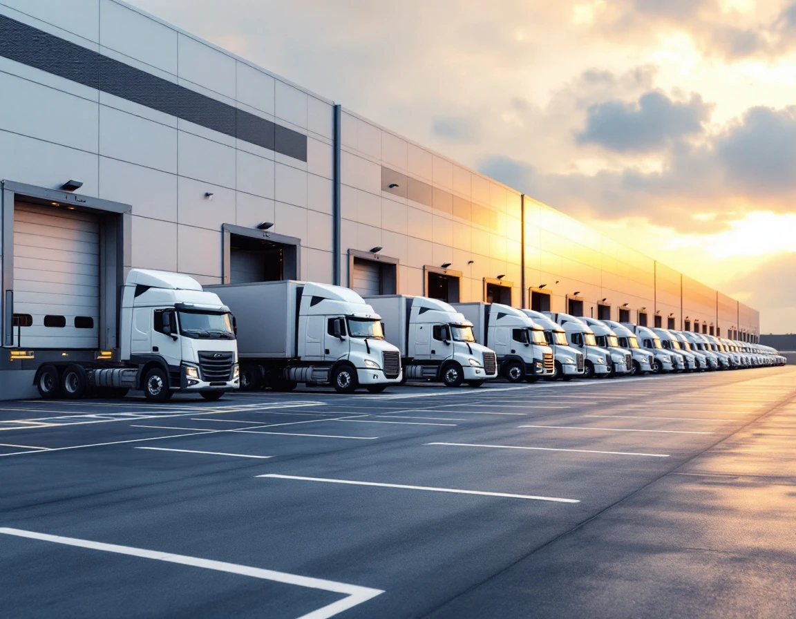 Modern distribution center with private delivery fleet trucks at loading docks during early morning