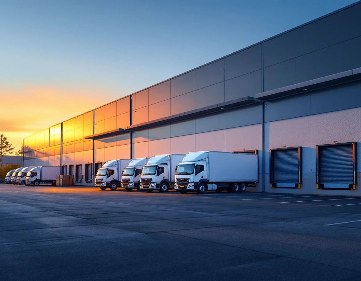 Modern fulfillment warehouse with delivery trucks parked at loading docks during golden hour