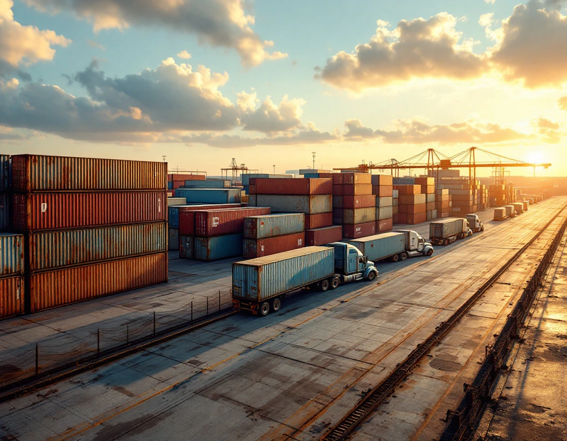 Container yard at sunset showing stacked freight containers and semi-trucks during peak shipping season