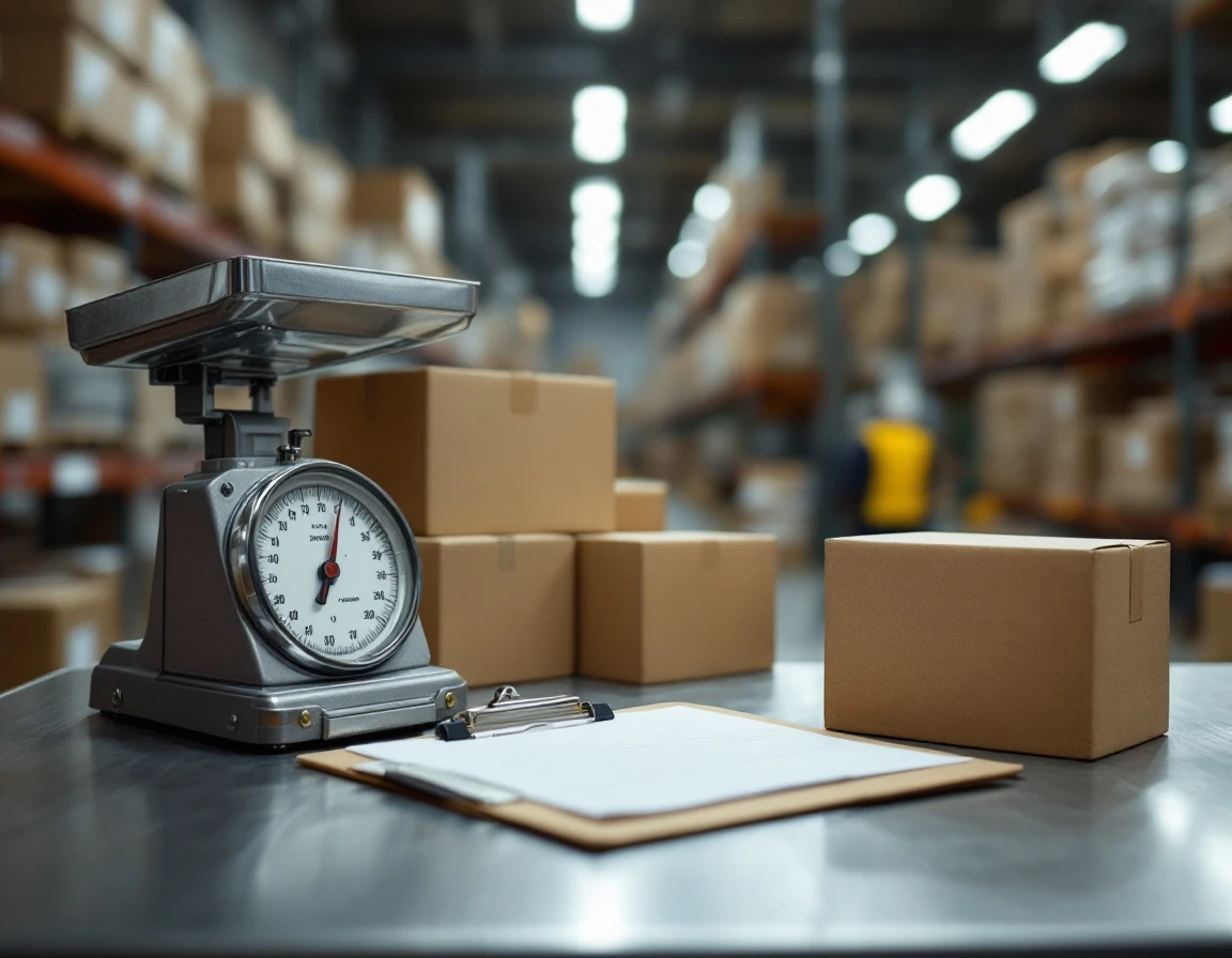 Industrial scale and audit clipboard on warehouse workstation with cardboard shipping boxes