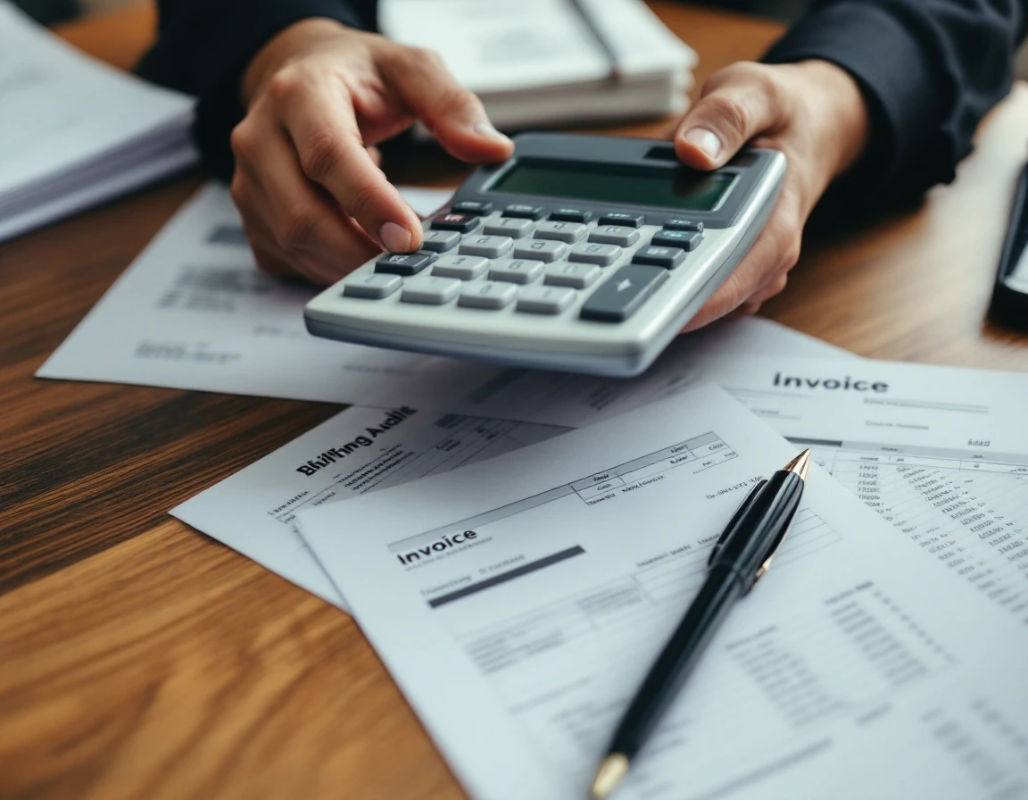 Desk workspace with calculator, pen, and blurred billing documents during carrier invoice audit review