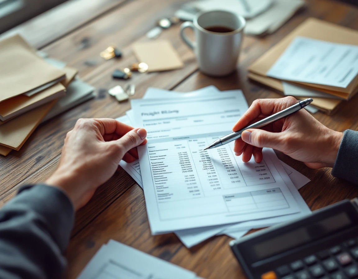 Hand with pen reviewing freight billing documents and calculator on office desk