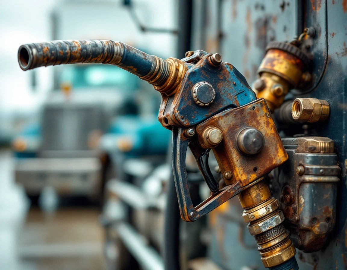 Weathered diesel fuel nozzle at commercial truck stop showing natural corrosion and industrial wear