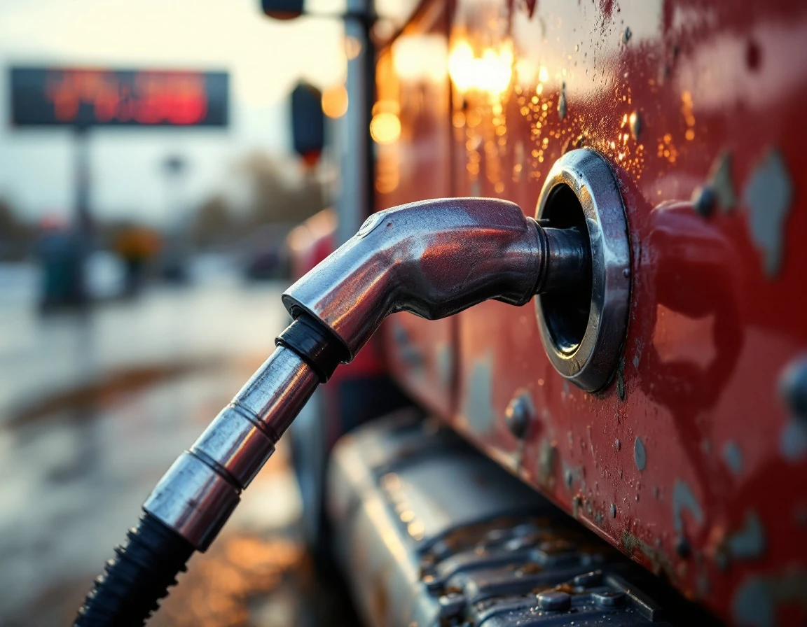 Diesel fuel nozzle connected to commercial truck tank at fueling station