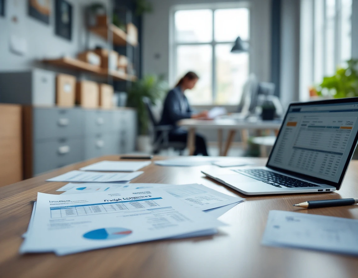 Logistics office workspace with shipping invoices and freight documentation for carrier rate audit review