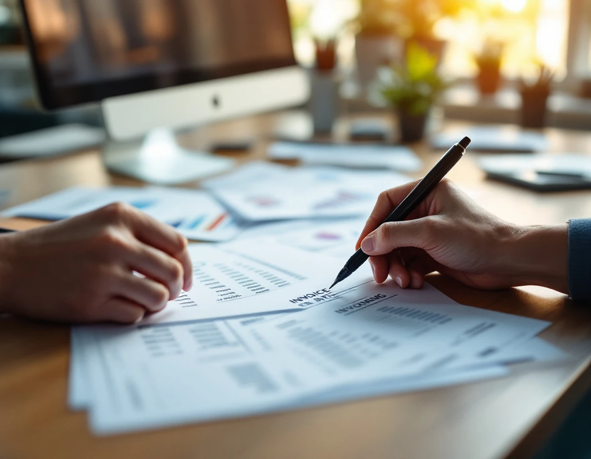 Hands reviewing shipping rate documents and invoices on desk with blurred paperwork in logistics office