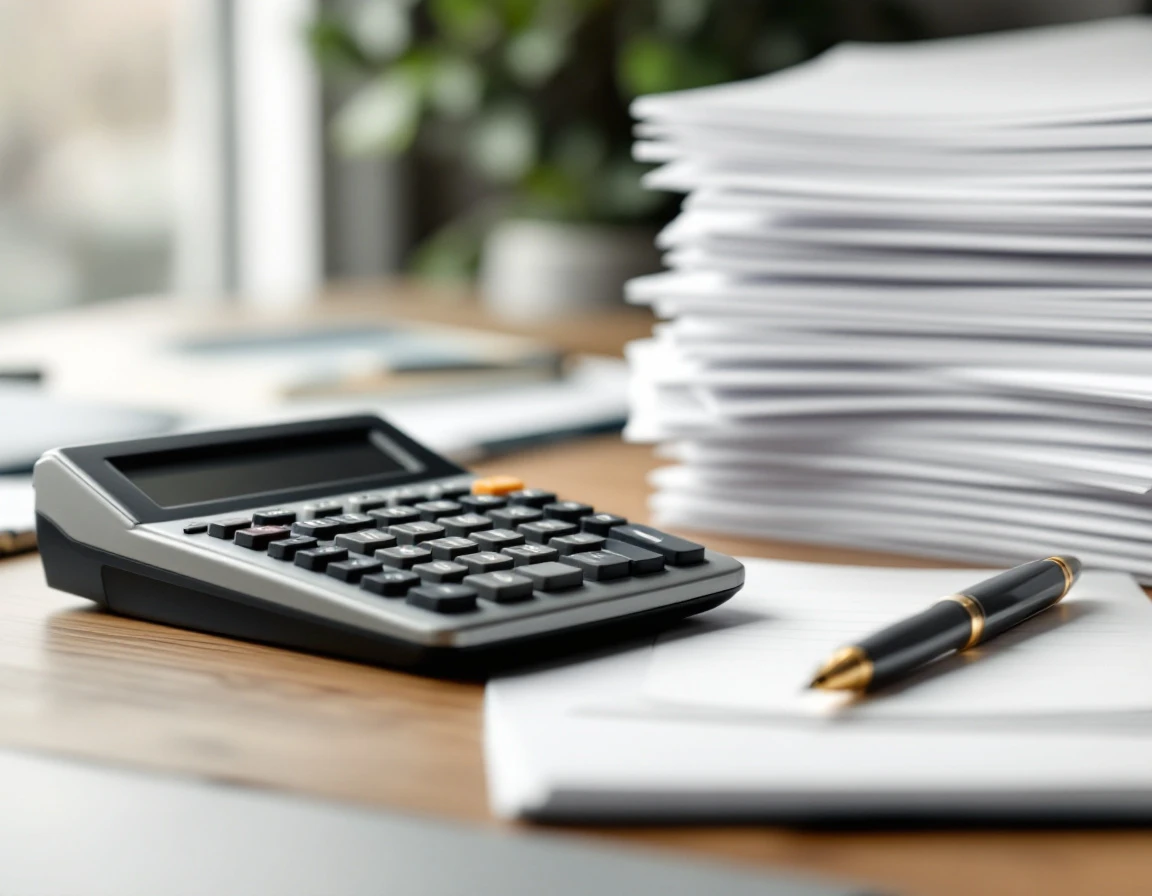 Calculator and blank papers on desk representing financial forecasting and budget planning workflow