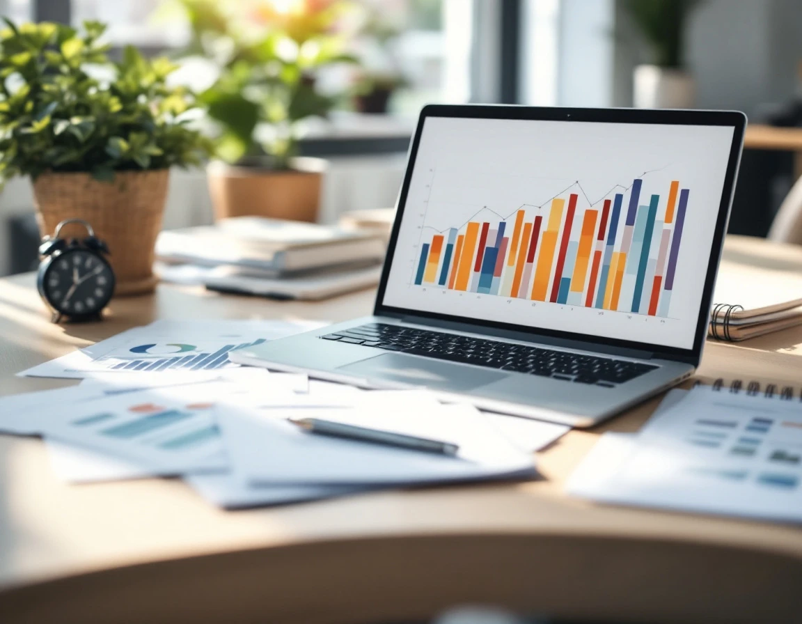 Laptop displaying budget forecasting charts on desk with blurred financial reports and planning materials