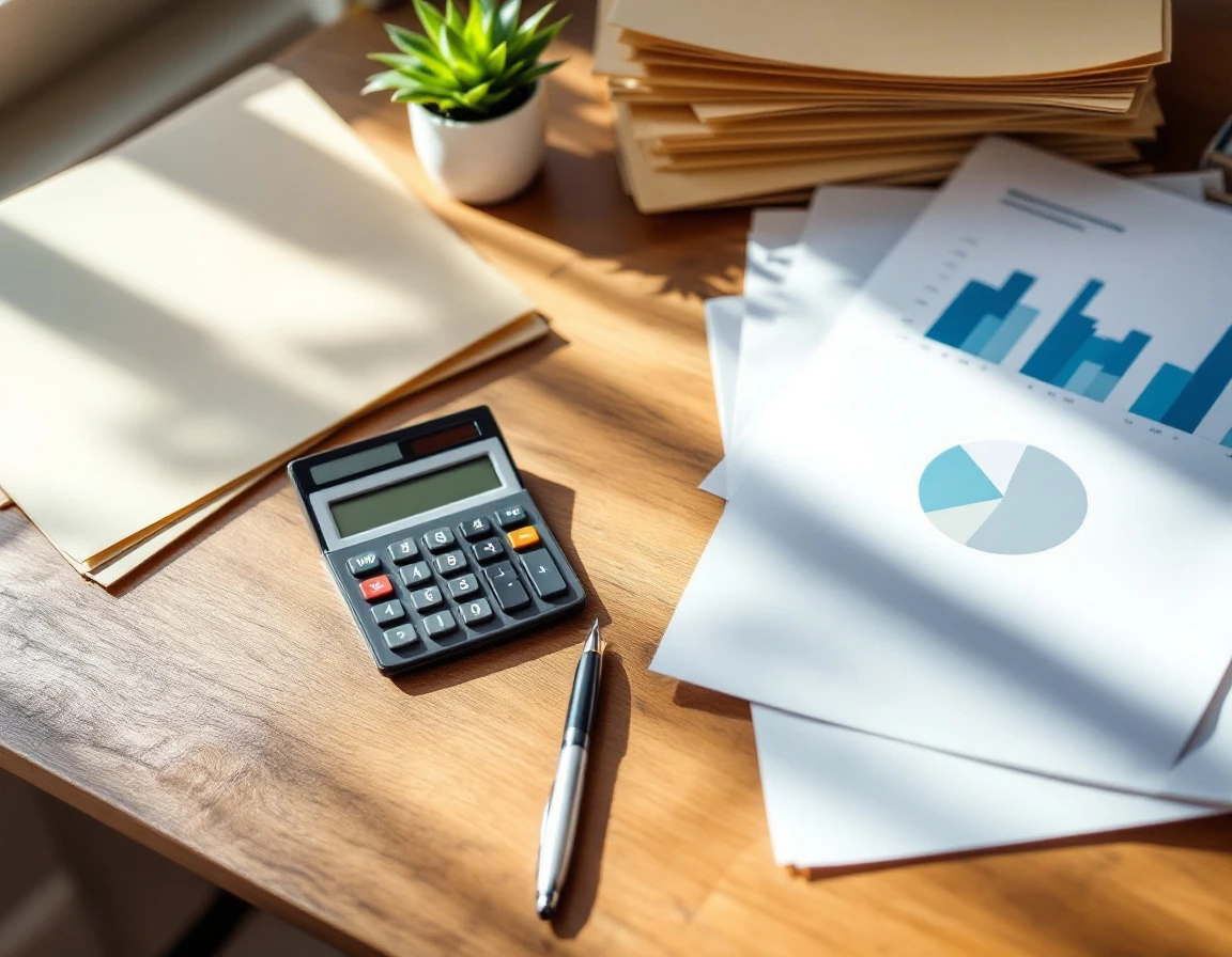 Calculator and pen on wooden desk with blurred financial documents and office planning materials