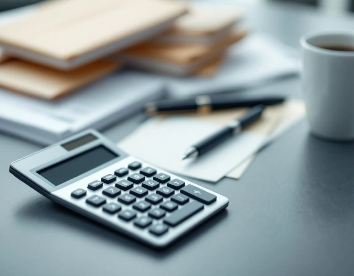 Calculator on business desk with out-of-focus shipping materials and coffee mug in background