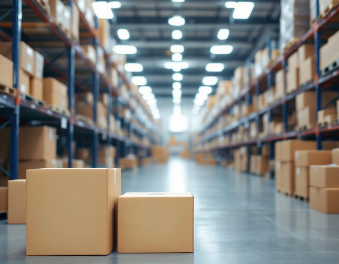 Warehouse shelving with unmarked cardboard shipping boxes in distribution center
