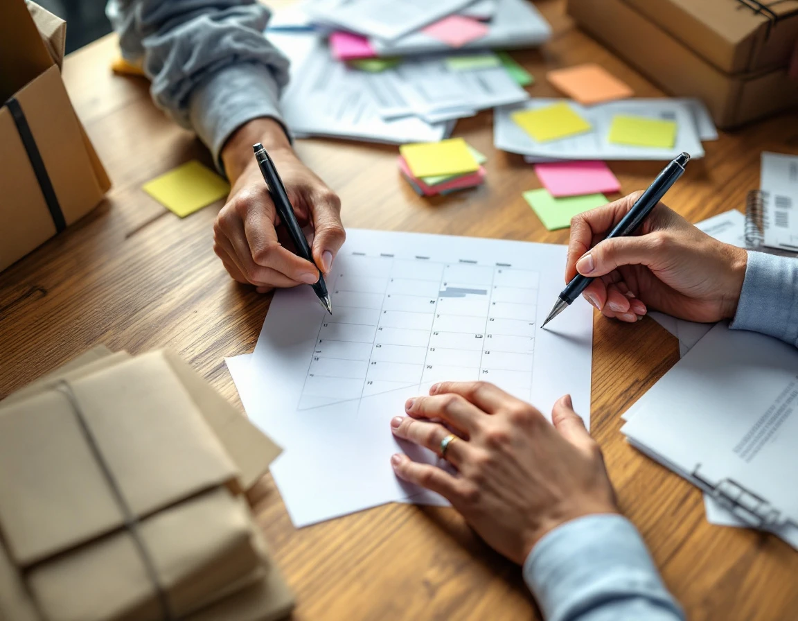 Hands organizing calendar pages and shipping documents on wooden desk with sticky notes