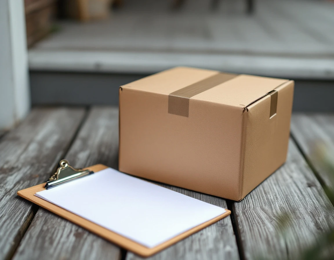 Unmarked cardboard package with blank clipboard on residential porch during delivery audit period