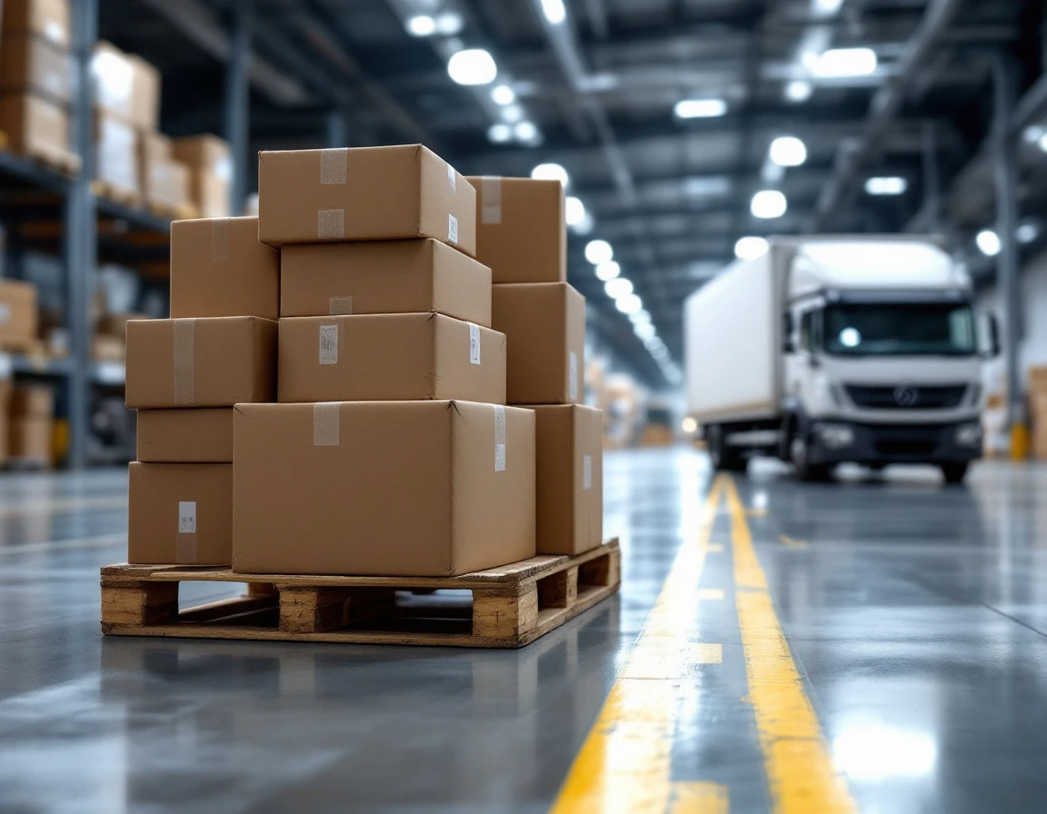 Warehouse pallet stacked with cardboard boxes in industrial logistics facility with delivery truck in background