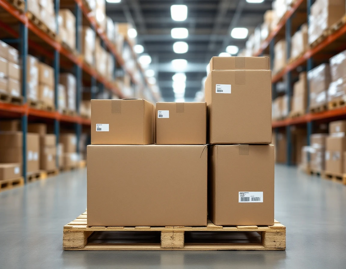 Consolidated cardboard boxes stacked on wooden pallet in warehouse showing freight shipment configuration