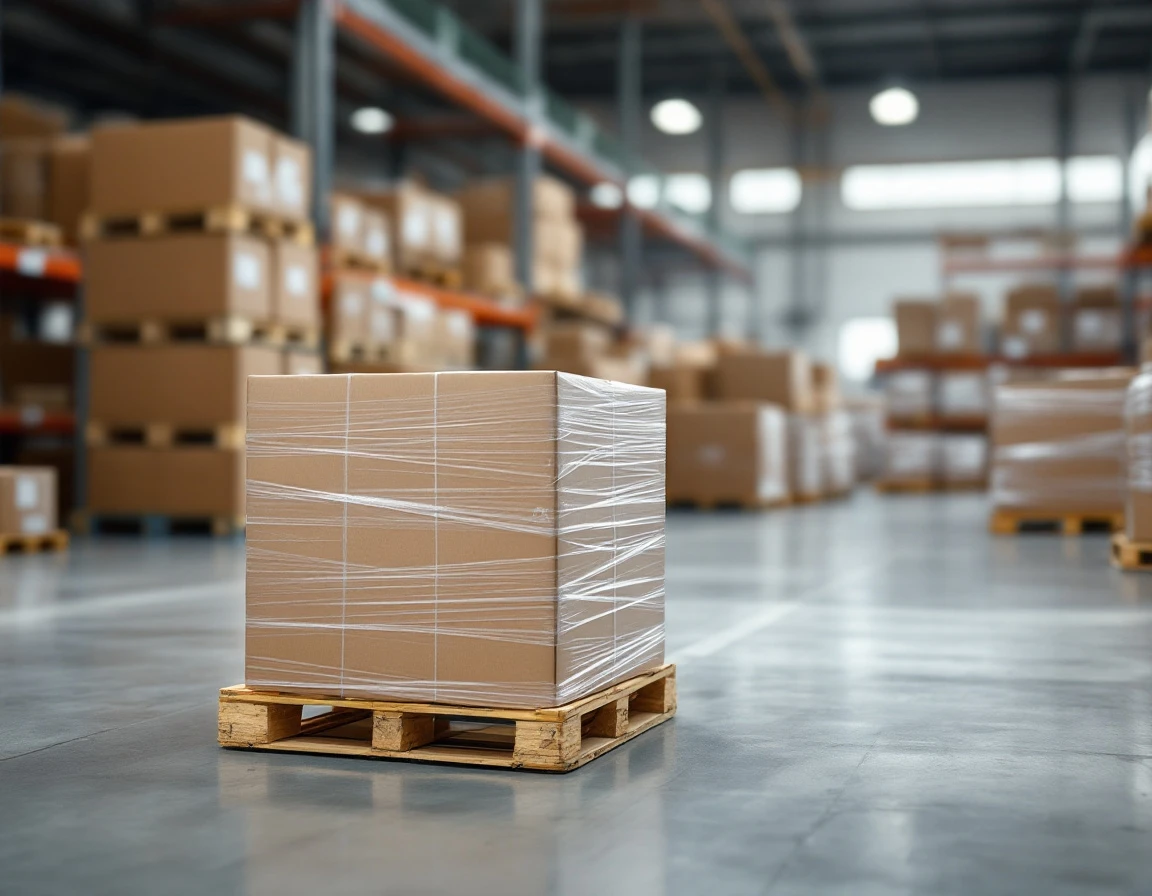 Stacked pallets with wrapped freight packages in warehouse awaiting hundredweight consolidation and shipping