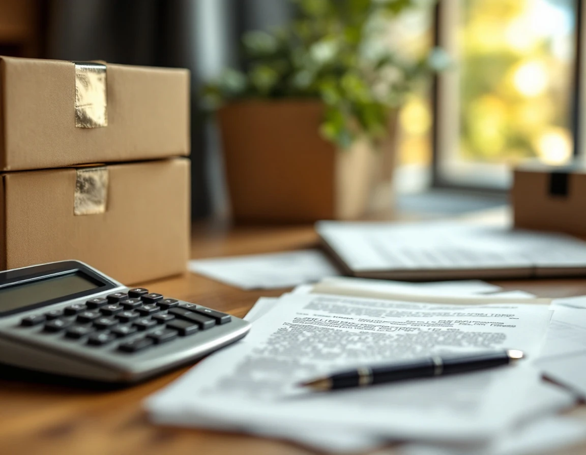 Shipping calculator, pen, and cardboard boxes on office desk with blurred invoice documents