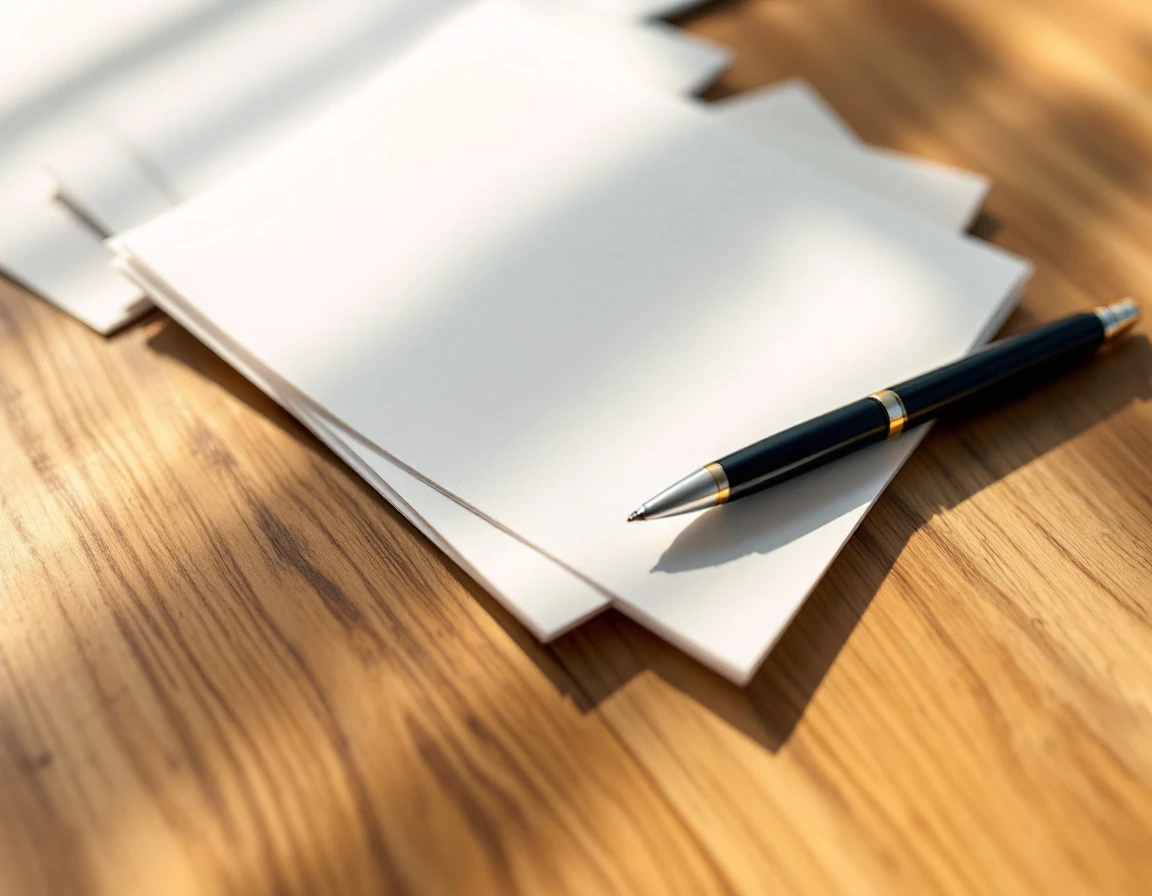 Blurred business documents and pen on wooden desk surface with natural window lighting