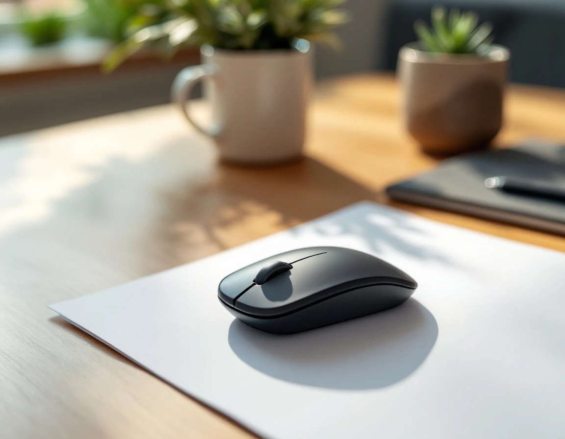 Wireless mouse on paper documents at organized desk workspace with coffee and plant in soft natural light