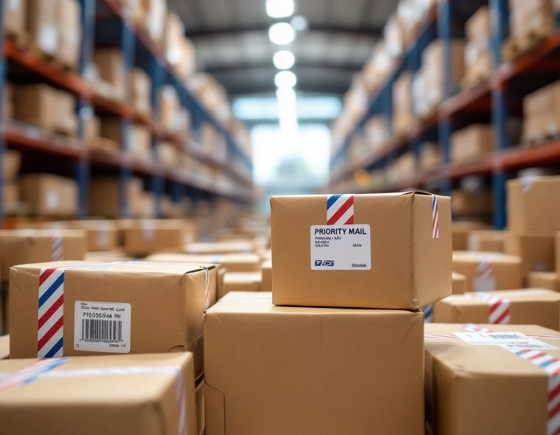 Priority Mail packages with striped tape stacked in warehouse with industrial shelving