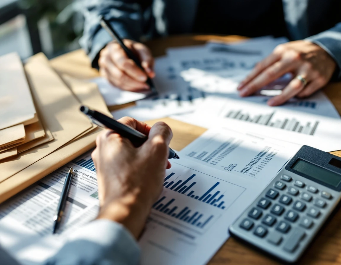 Hands reviewing shipping cost analysis documents with calculator and charts on professional desk