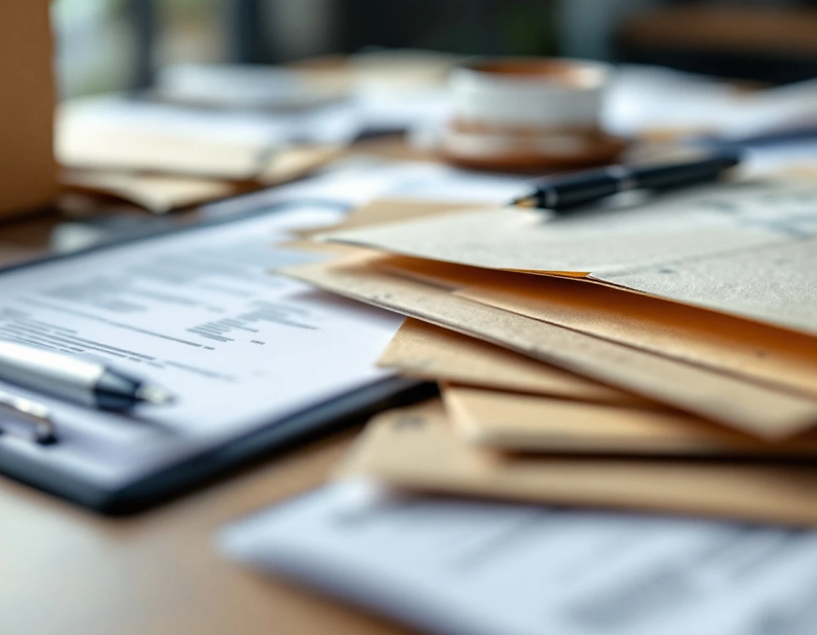 Shipping desk with blurred logistics paperwork, clipboard, pen, and cardboard box in natural lighting