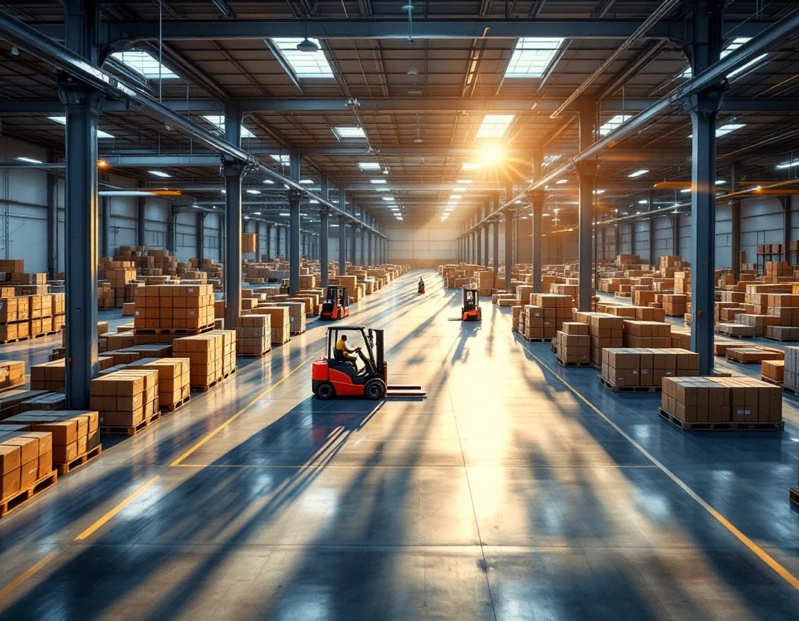 Modern warehouse distribution center with organized inventory rows and systematic layout for capacity planning