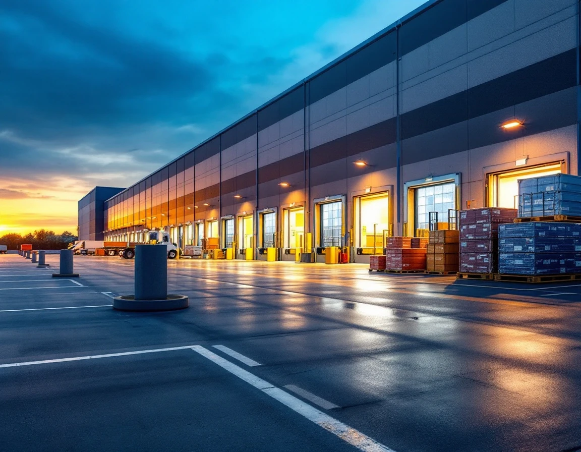 Distribution center loading docks at dawn with trucks positioned for peak season logistics operations