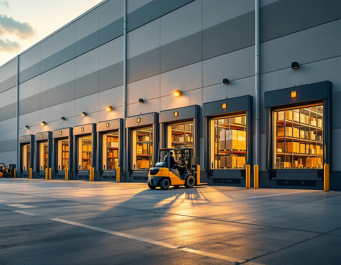 Modern warehouse loading dock with multiple bays and organized inventory visible through open doors at dusk