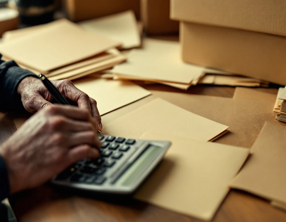 Hands with calculator and pen reviewing blank shipping documents on logistics workspace desk