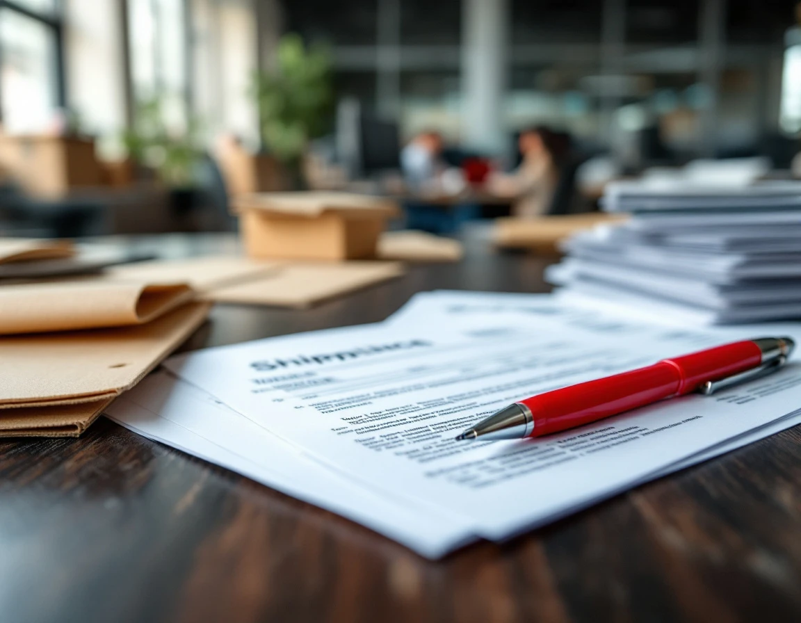 Red pen on logistics office desk with shipping invoices and corrugated cardboard samples awaiting audit review