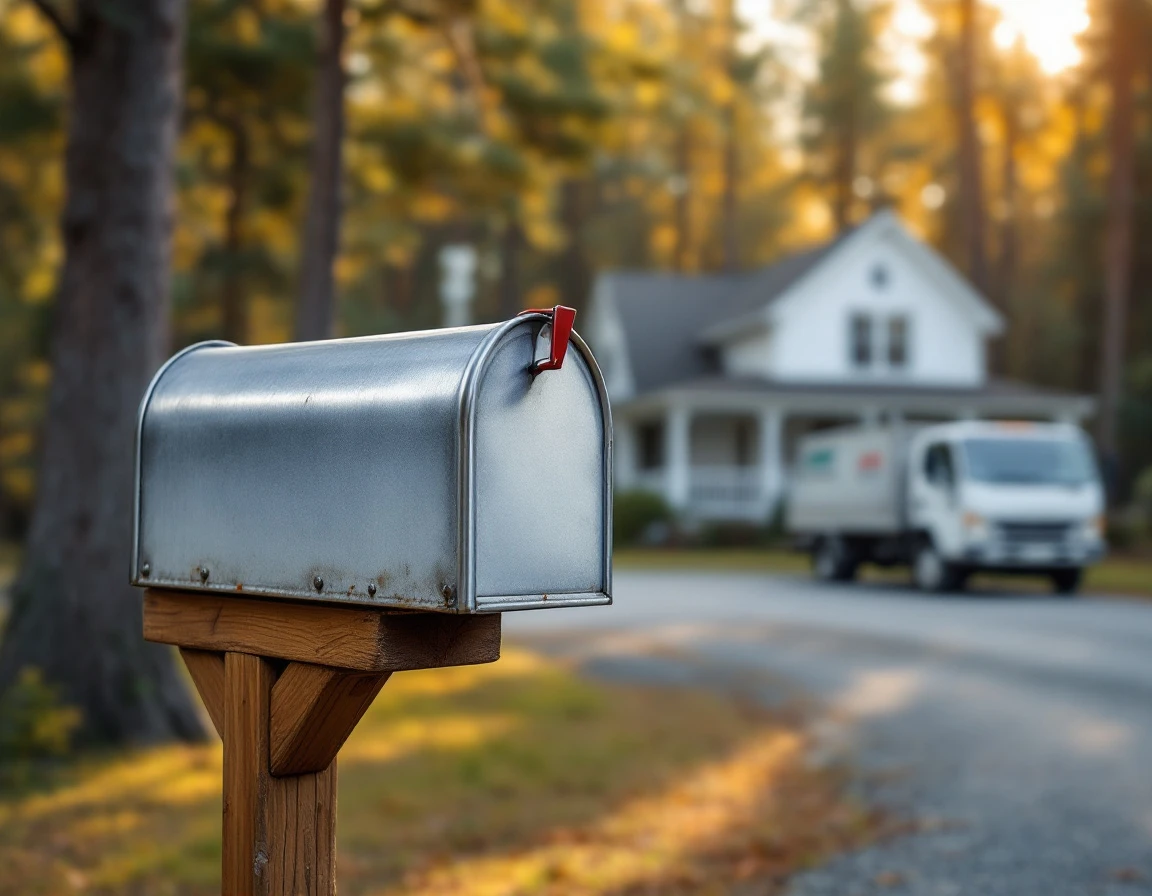 Rural mailbox with delivery truck and farmhouse visible in background among pine trees