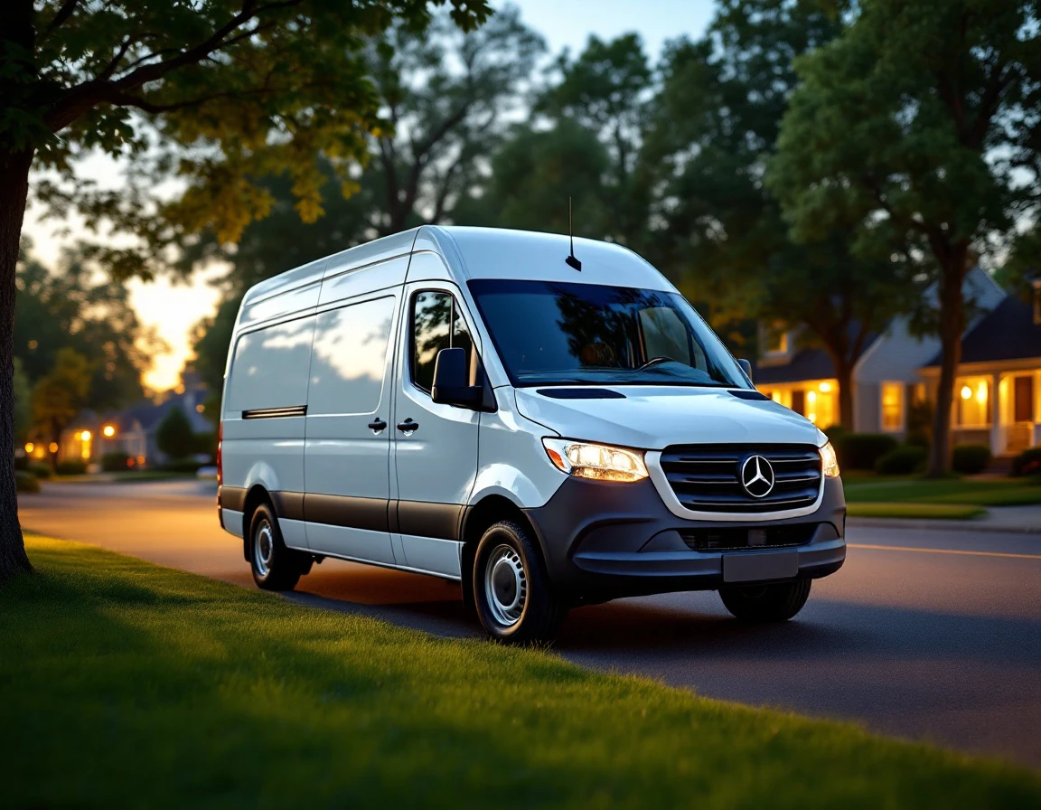 Delivery van parked in suburban residential neighborhood during evening hours showing extended delivery routes