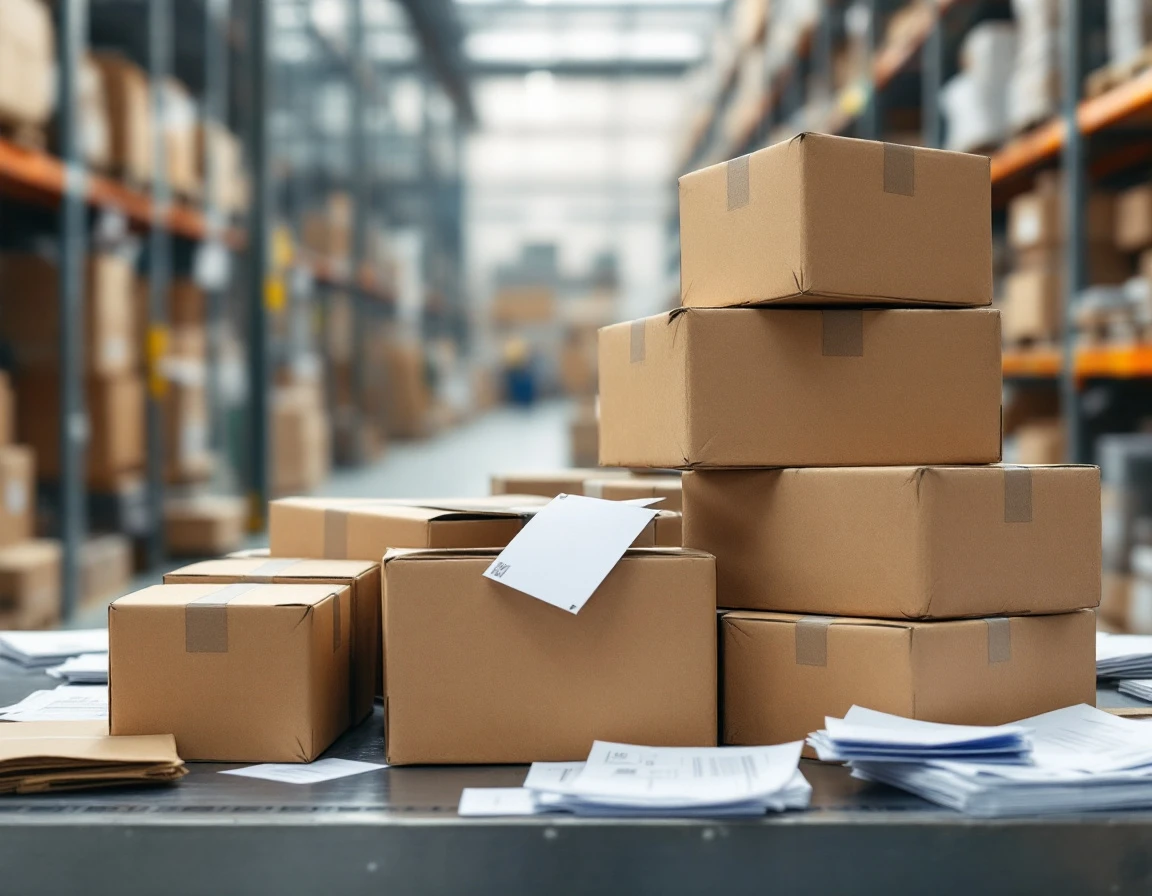 Unmarked cardboard boxes and scattered shipping documents on warehouse sorting table