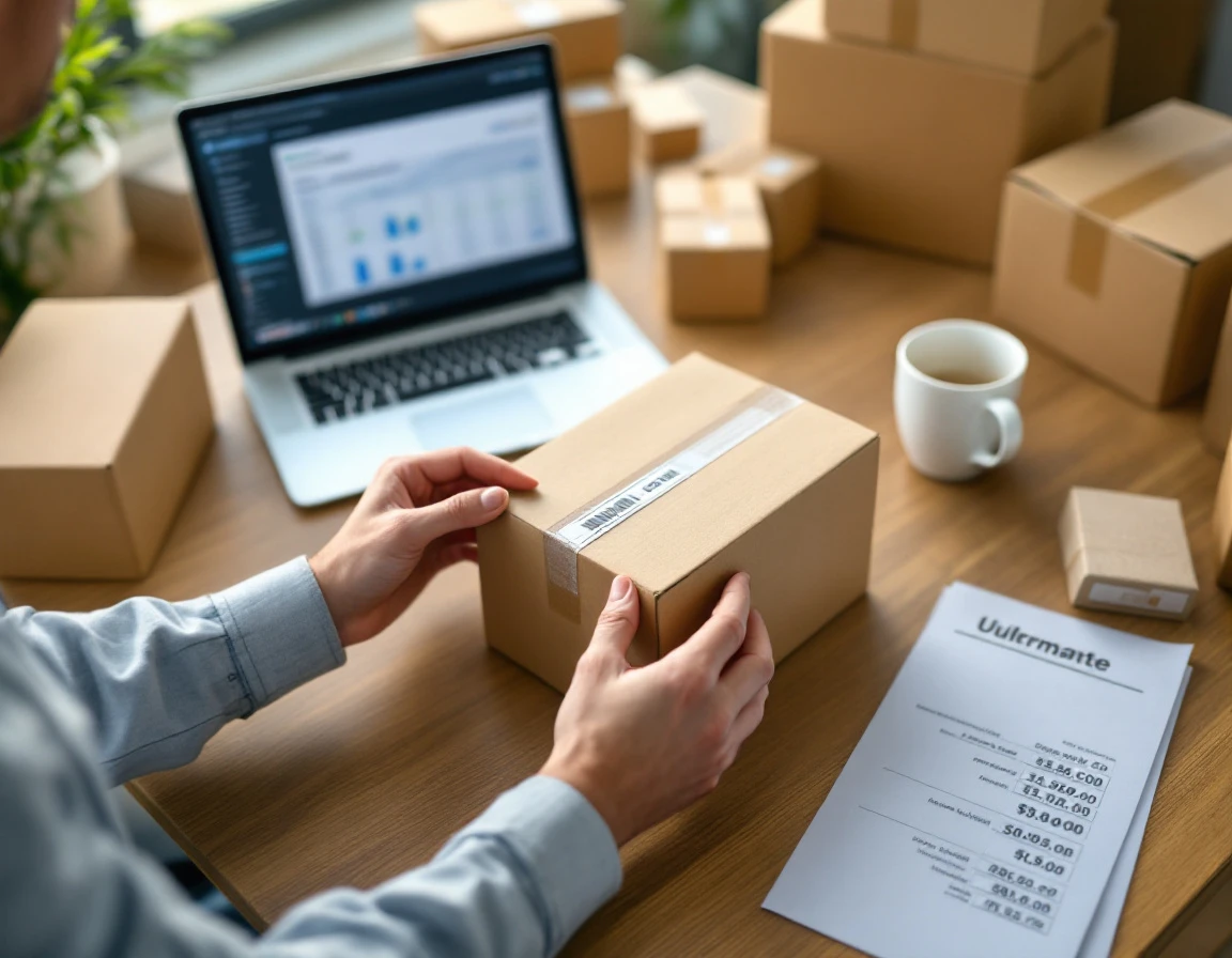 Hands examining shipping packages on desk with laptop and coffee during multi-carrier fulfillment workflow