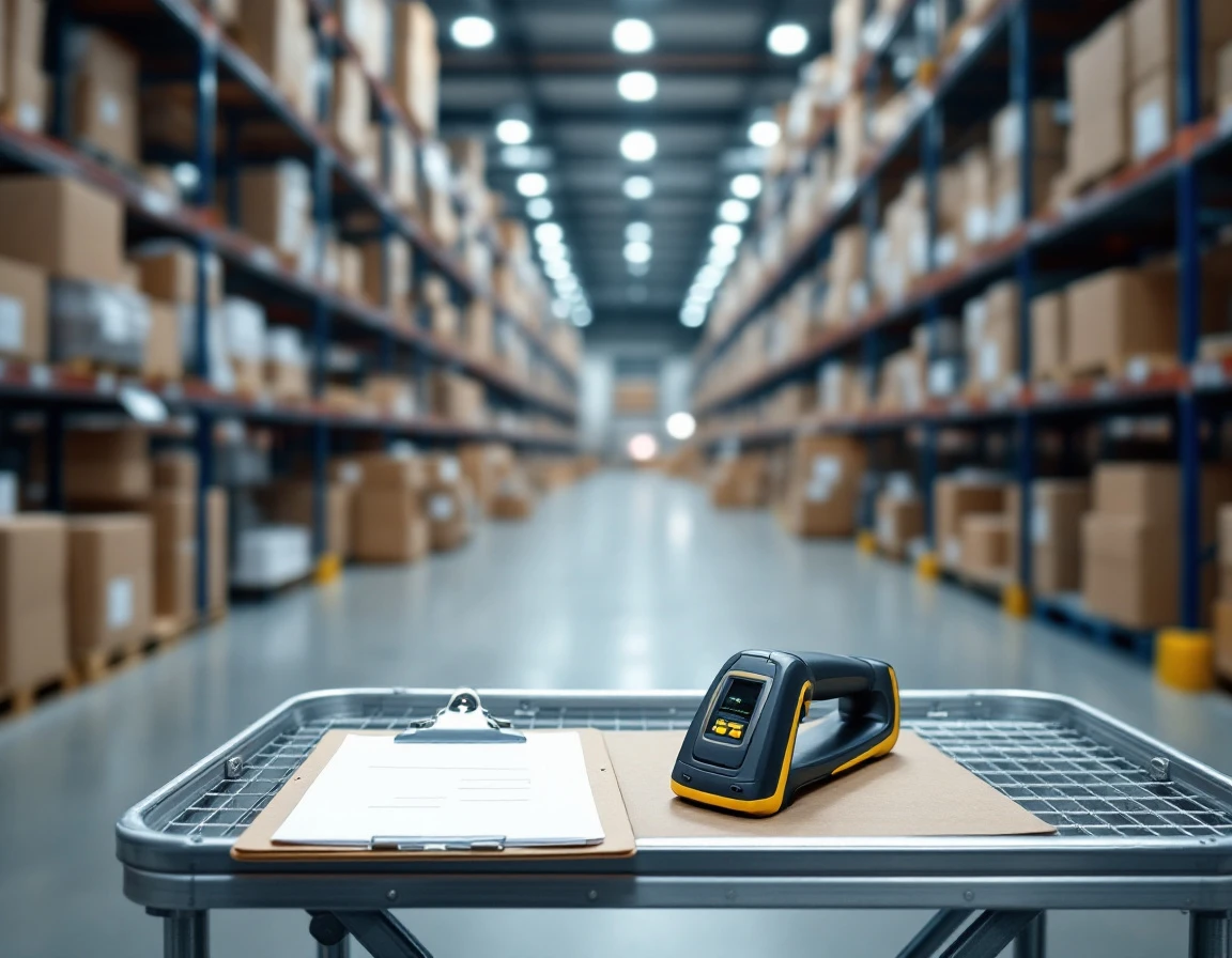 Handheld barcode scanner on warehouse cart with organized inventory shelving in distribution center
