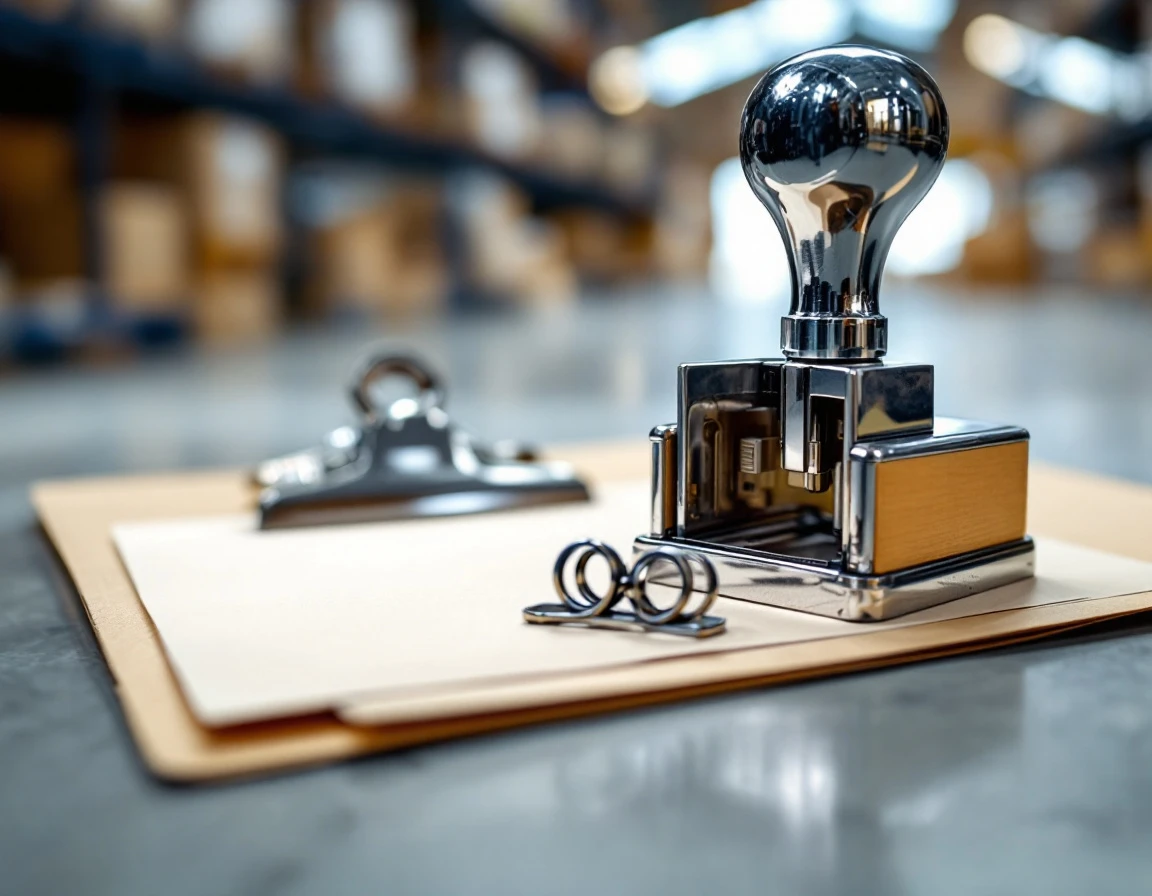 Shipping stamp and clipboard on blank documentation in warehouse office setting